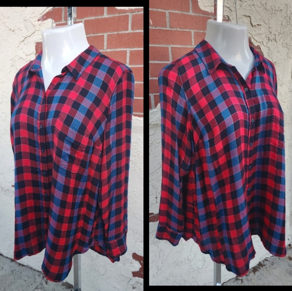 XL women LUCKY BRAND plaid button long sleeve red black split back - Picture 4 of 16
